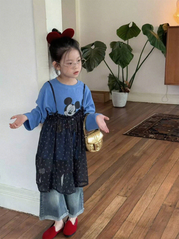 Dječji kostim u korejskom stilu, trodijelni set, crtani uzorak, tkanina od pamukove smjese, dugi rukavi, ljeto 2025