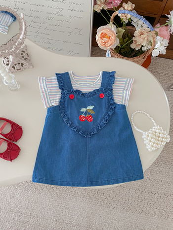 Korejski stil dvodijelni set za bebe djevojčice – jagoda denim uzorak, ljeto, 1-3 godine