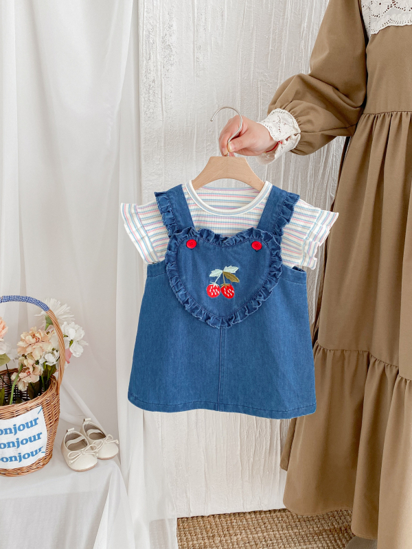 Korejski stil dvodijelni set za bebe djevojčice – jagoda denim uzorak, ljeto, 1-3 godine