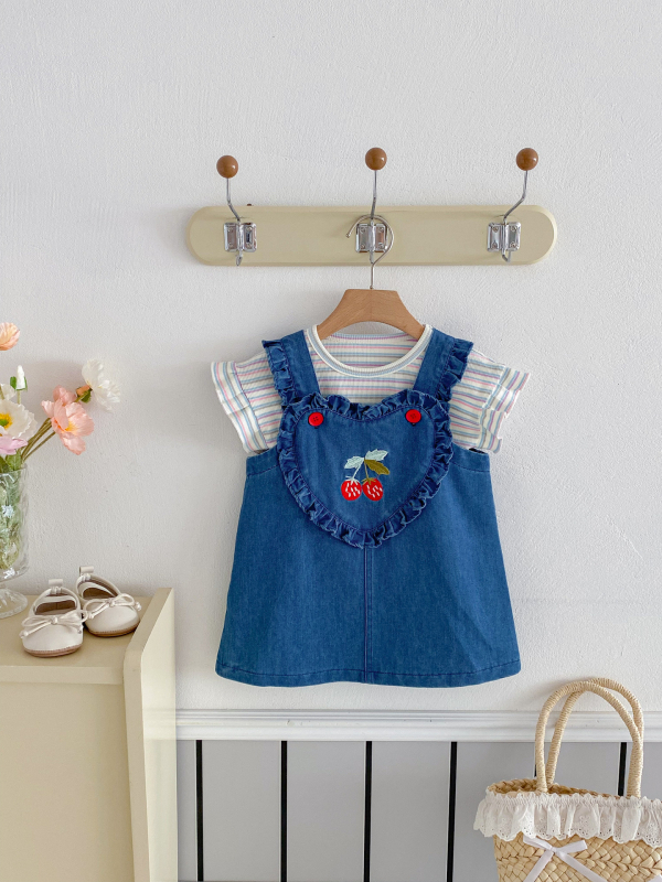 Korejski stil dvodijelni set za bebe djevojčice – jagoda denim uzorak, ljeto, 1-3 godine