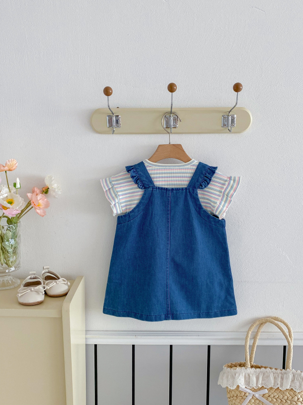 Korejski stil dvodijelni set za bebe djevojčice – jagoda denim uzorak, ljeto, 1-3 godine