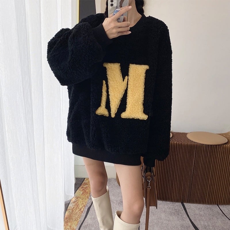 Naiste paks polüestri fliisi sviiter kirjaga musteriga, vaba lõige, ümmarguse kaelusega, pikad varrukad