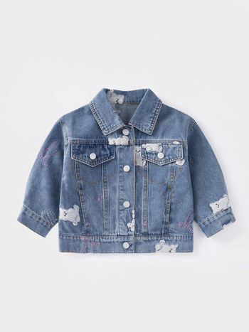 Mergaitėms džinsinis švarkas su kardigano viršutine dalimi, korėjietiško stiliaus, medvilnė 72,2%, gyvūnų ir animacinių paveikslėlių raštas, amžius 1–3 metai (80–100 cm)