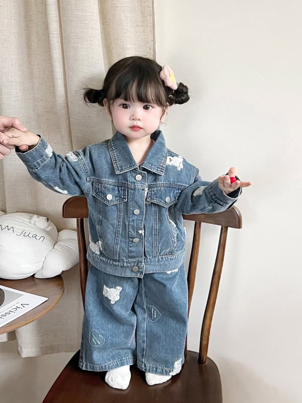 Mergaitėms džinsinis švarkas su kardigano viršutine dalimi, korėjietiško stiliaus, medvilnė 72,2%, gyvūnų ir animacinių paveikslėlių raštas, amžius 1–3 metai (80–100 cm)