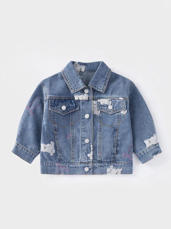 Mergaitėms džinsinis švarkas su kardigano viršutine dalimi, korėjietiško stiliaus, medvilnė 72,2%, gyvūnų ir animacinių paveikslėlių raštas, amžius 1–3 metai (80–100 cm)