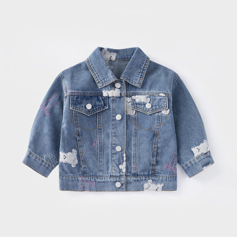 Mergaitėms džinsinis švarkas su kardigano viršutine dalimi, korėjietiško stiliaus, medvilnė 72,2%, gyvūnų ir animacinių paveikslėlių raštas, amžius 1–3 metai (80–100 cm)