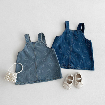 Meitenēm džinsa kleita ar siksniņām, korejiska stile, 95% kokvilna, zīmējums ar lāci