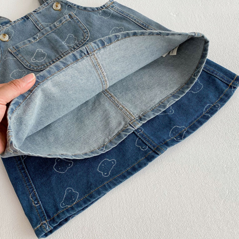 Meitenēm džinsa kleita ar siksniņām, korejiska stile, 95% kokvilna, zīmējums ar lāci