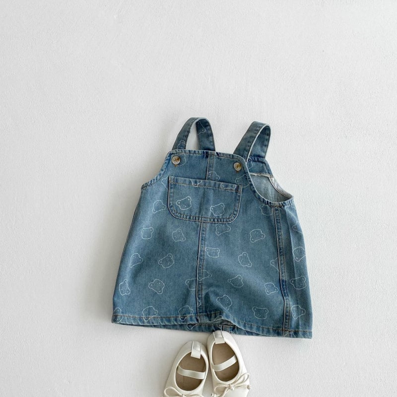 Meitenēm džinsa kleita ar siksniņām, korejiska stile, 95% kokvilna, zīmējums ar lāci