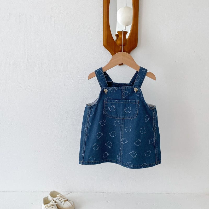 Meitenēm džinsa kleita ar siksniņām, korejiska stile, 95% kokvilna, zīmējums ar lāci