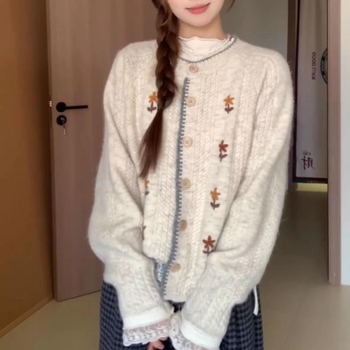 Ženski pleteni kardigan s cvjetnim uzorkom, japanskog stila, okrugli izrez, jesen-zima, slobodan kroj
