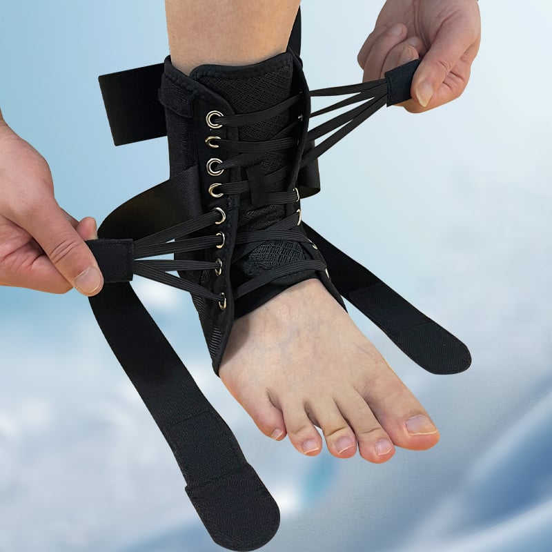 Hordozható bokatámogatás kötős szalaggal és Velcro-zárral, kompozit szövetből; védi a bokát; alkalmas futásra, kosárlabdára, futballra, röplabdára és túrázásra