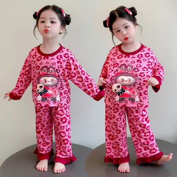 Σετ πιτζάμες κοριτσιών με λεοπάρ print, μακριά μανίκια, καρτούν στυλ, 85% πολυεστέρα, φθινοπωρινό 2025
