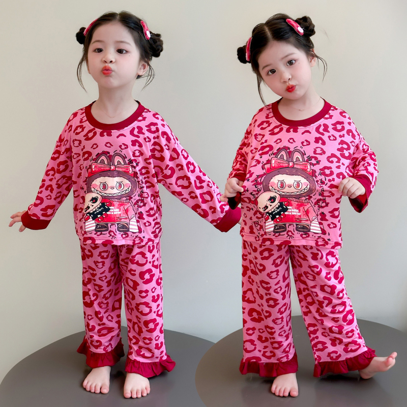Σετ πιτζάμες κοριτσιών με λεοπάρ print, μακριά μανίκια, καρτούν στυλ, 85% πολυεστέρα, φθινοπωρινό 2025