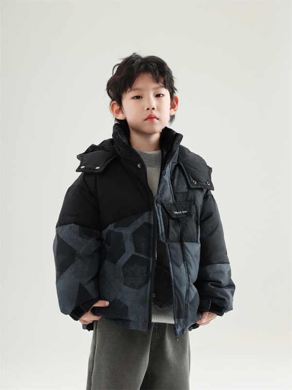 Gyerekeknek készült koreai stílusú téli pehelydzseki kapucnival, kacsa tollal töltve, poliészter bélés