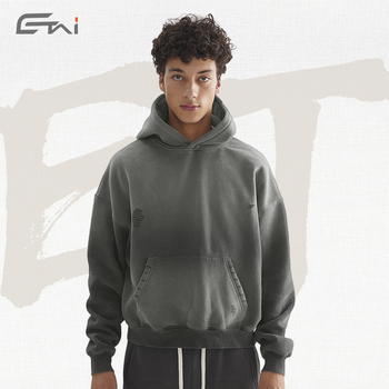 Hanorac bărbătesc cu glugă, fleece gros, umeri coborâți, guler înalt, buzunar tip kengur