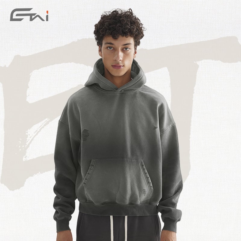 Hanorac bărbătesc cu glugă, fleece gros, umeri coborâți, guler înalt, buzunar tip kengur