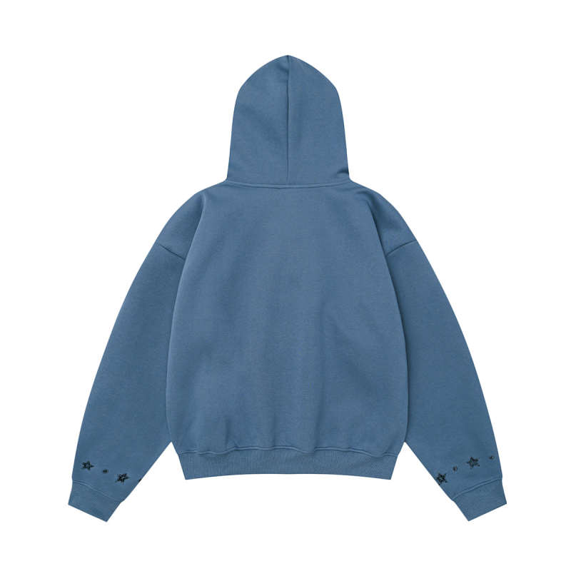 Unisex kapuces džemteris ar zvaigznīšu izšuvumu un sietveida tukšu dizainu, brīvs piegriezums, 65% kokvilna / 35% poliesters, sānu kabatas