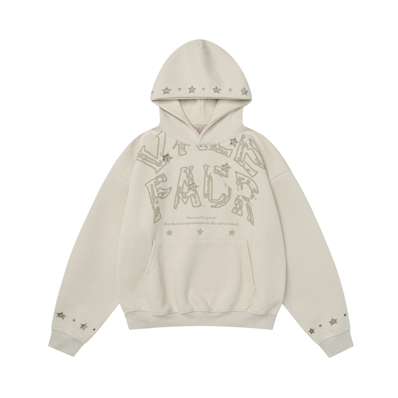 Unisex kapuces džemteris ar zvaigznīšu izšuvumu un sietveida tukšu dizainu, brīvs piegriezums, 65% kokvilna / 35% poliesters, sānu kabatas