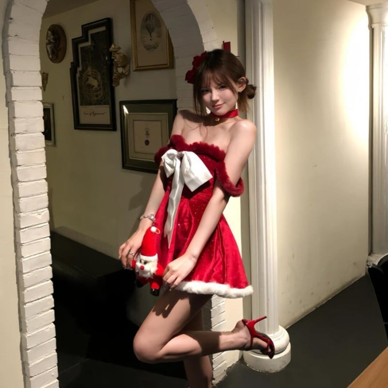 Φόρεμα πριγκίπισσας με μεγάλο φιόγκο, τοπ χωρίς τιράντες, λαμπερή εμφάνιση, πολυεστερική ύφανση - κοστούμι για χριστουγεννιάτικο πάρτι