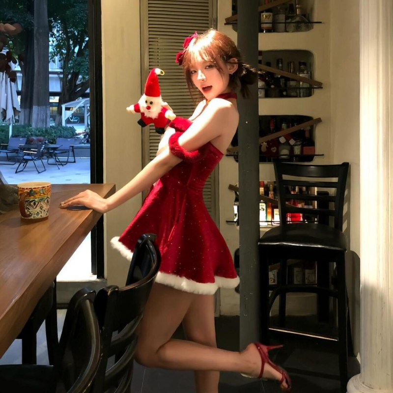 Φόρεμα πριγκίπισσας με μεγάλο φιόγκο, τοπ χωρίς τιράντες, λαμπερή εμφάνιση, πολυεστερική ύφανση - κοστούμι για χριστουγεννιάτικο πάρτι