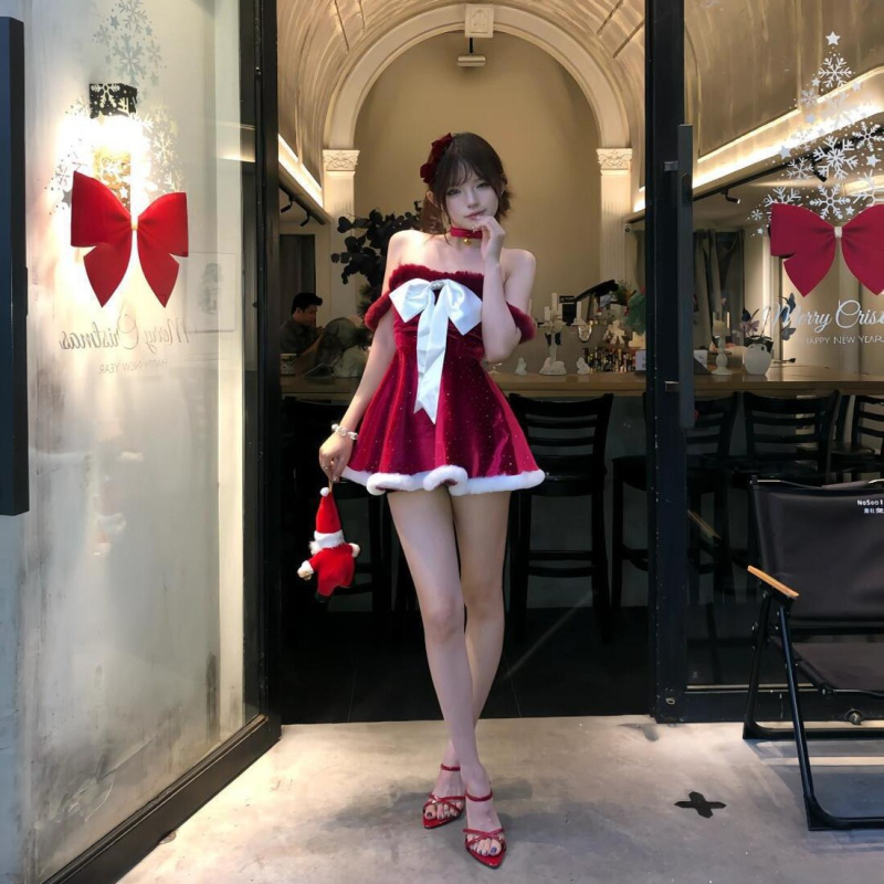 Φόρεμα πριγκίπισσας με μεγάλο φιόγκο, τοπ χωρίς τιράντες, λαμπερή εμφάνιση, πολυεστερική ύφανση - κοστούμι για χριστουγεννιάτικο πάρτι