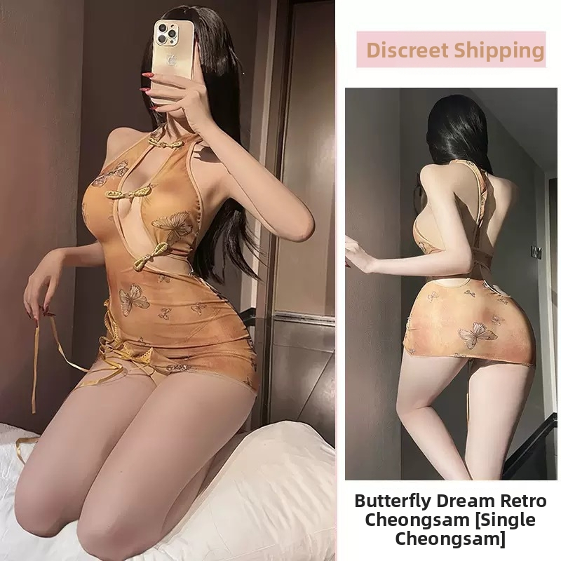 Sexy retro Cheongsam s izrezom i motivom leptira, uska noćna haljina koja pristaje bokovima, prozirni leđa, iznimno zavodljivo