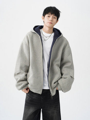 Vīriešu dubultā rāvējslēdzēja kardigan-svārk, brīvā piegriezuma, kapuce, V veida kakla izgriezums