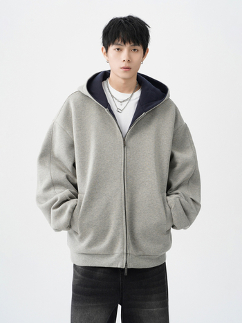 Vīriešu dubultā rāvējslēdzēja kardigan-svārk, brīvā piegriezuma, kapuce, V veida kakla izgriezums