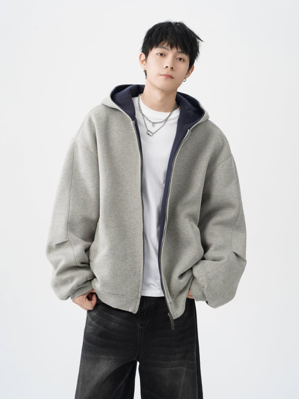 Vīriešu dubultā rāvējslēdzēja kardigan-svārk, brīvā piegriezuma, kapuce, V veida kakla izgriezums