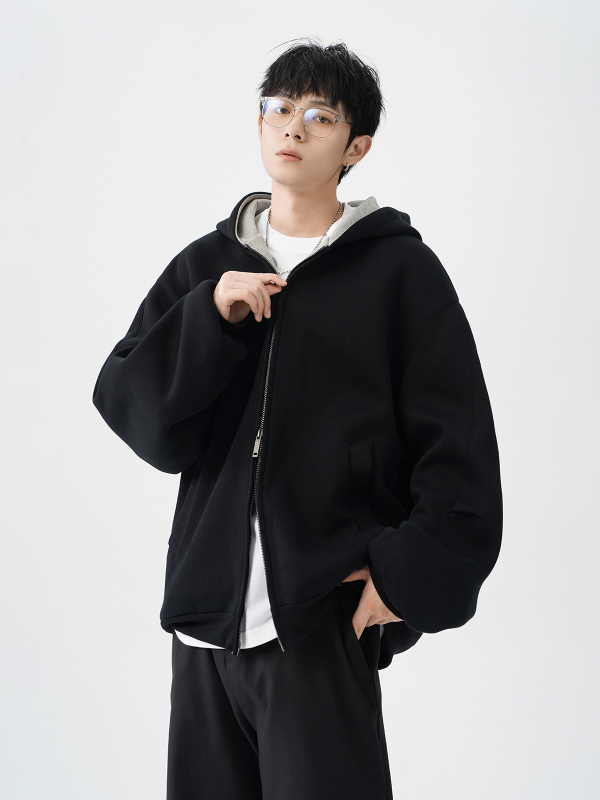 Vīriešu dubultā rāvējslēdzēja kardigan-svārk, brīvā piegriezuma, kapuce, V veida kakla izgriezums