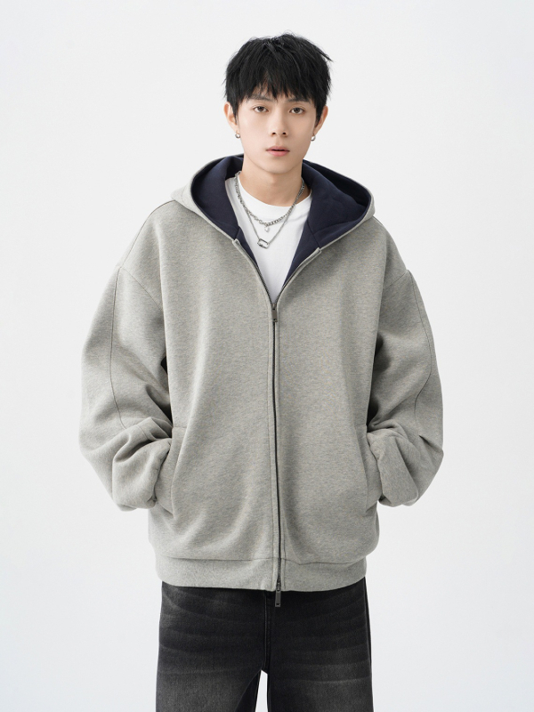 Vīriešu dubultā rāvējslēdzēja kardigan-svārk, brīvā piegriezuma, kapuce, V veida kakla izgriezums