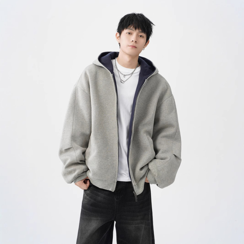 Vīriešu dubultā rāvējslēdzēja kardigan-svārk, brīvā piegriezuma, kapuce, V veida kakla izgriezums