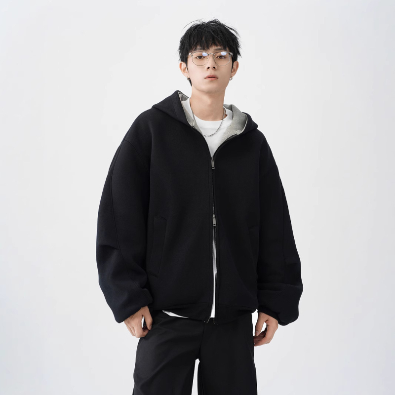 Vīriešu dubultā rāvējslēdzēja kardigan-svārk, brīvā piegriezuma, kapuce, V veida kakla izgriezums