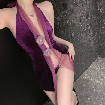 Σεξουαλικό σετ εσωρούχων με halter από βελούδινο πλέγμα σε στυλ cheongsam; ύφασμα πολυεστέρα, περιεκτικότητα 95–100% πολυεστέρα, για γυναίκες.