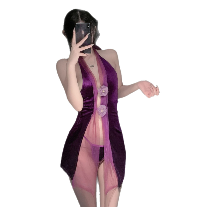 Σεξουαλικό σετ εσωρούχων με halter από βελούδινο πλέγμα σε στυλ cheongsam; ύφασμα πολυεστέρα, περιεκτικότητα 95–100% πολυεστέρα, για γυναίκες.