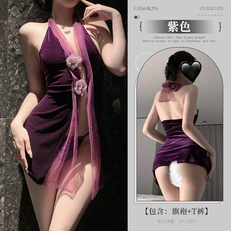 Σεξουαλικό σετ εσωρούχων με halter από βελούδινο πλέγμα σε στυλ cheongsam; ύφασμα πολυεστέρα, περιεκτικότητα 95–100% πολυεστέρα, για γυναίκες.