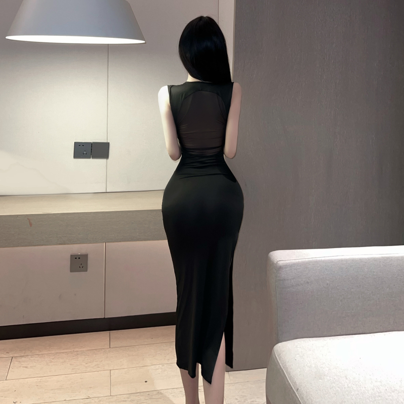 Prom Queen suknelė — tinklinė permatoma ilga suknelė, poliesteris, siauras kirpimas