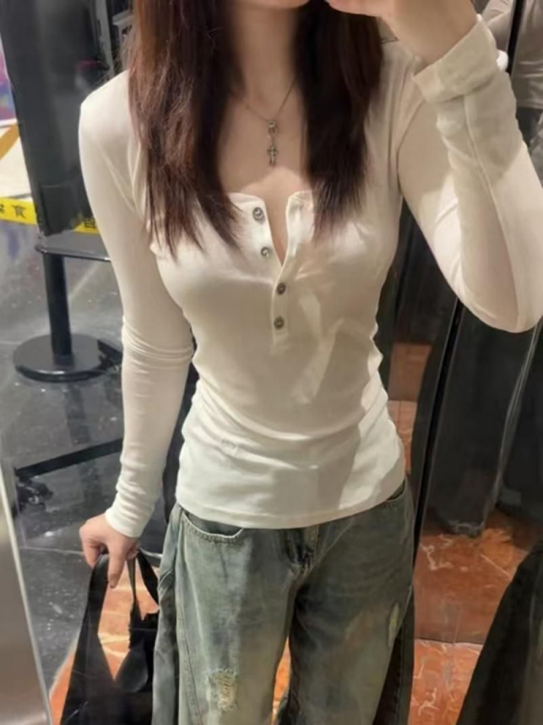 Tricou damă slim fit cu mâneci lungi, decolteu în V, culoare uni, din bumbac-elastan