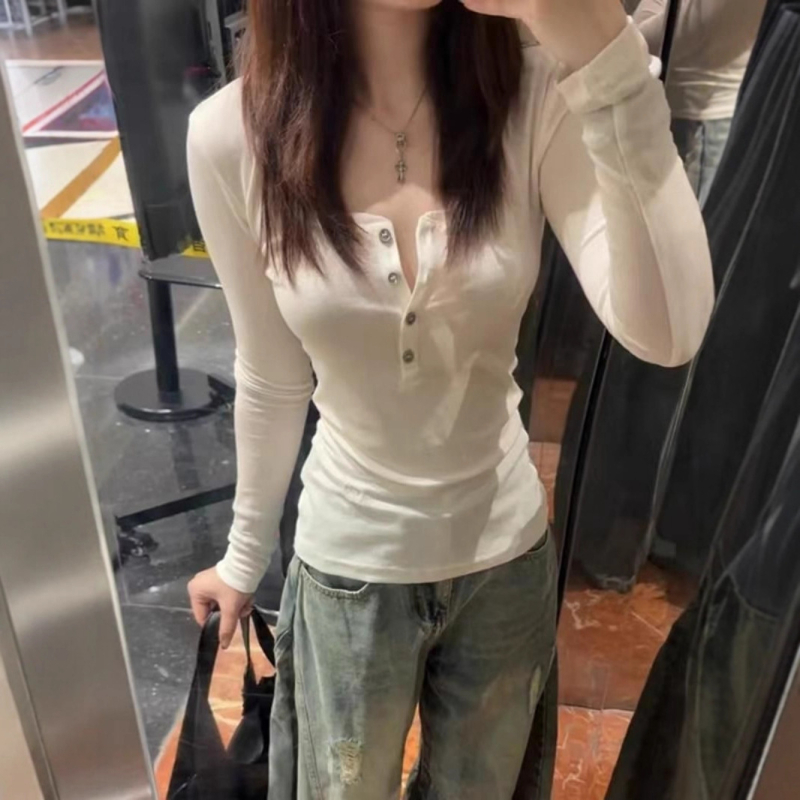 Tricou damă slim fit cu mâneci lungi, decolteu în V, culoare uni, din bumbac-elastan