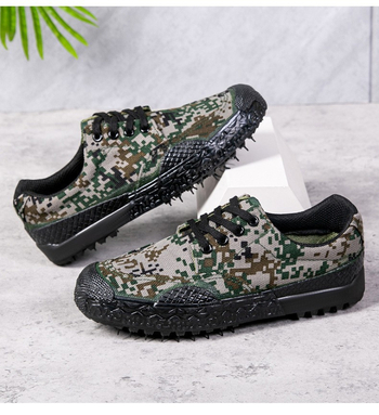 Unisex kamufliažiniai lauko batai – drobės viršus, gumos padas, atsparūs dėvėjimui, apvalus pirštas, plokščias kulnas, žemas modelis (drobės viršus; gumos padas; atsparūs; apvalus pirštas; plokščias kulnas)