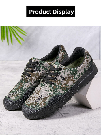 Unisex kamufliažiniai lauko batai – drobės viršus, gumos padas, atsparūs dėvėjimui, apvalus pirštas, plokščias kulnas, žemas modelis (drobės viršus; gumos padas; atsparūs; apvalus pirštas; plokščias kulnas)