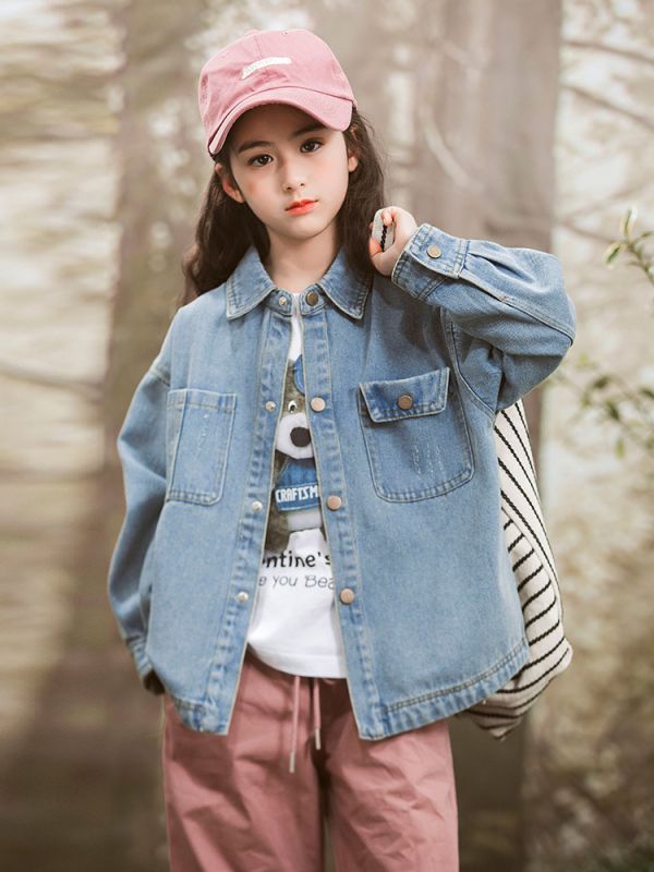 Κοριτσίστικο τζιν πουκάμισο σε κορεατικό στυλ, 70% βαμβάκι, μονόμπροτο κλείσιμο, άνοιξη και φθινόπωρο, για παιδιά άνω των 140 εκ