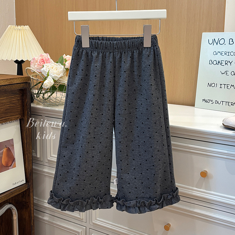 Mergaitėms su fliso pamušalu kelnes, koledžo stiliaus, tiesus kirpimas, vidurinio aukščio juosta, vienos spalvos raštas