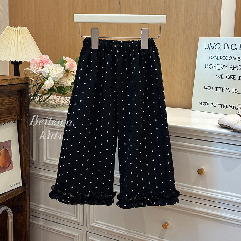 Mergaitėms su fliso pamušalu kelnes, koledžo stiliaus, tiesus kirpimas, vidurinio aukščio juosta, vienos spalvos raštas