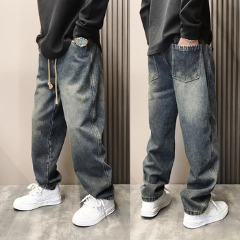 Meeste Ameerika stiilis teksad, fleece vooder, lõdva sirge lõige laiad jalad, keskmine talje, tõmblukk