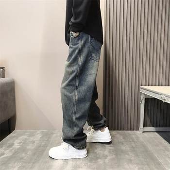 Meeste Ameerika stiilis teksad, fleece vooder, lõdva sirge lõige laiad jalad, keskmine talje, tõmblukk