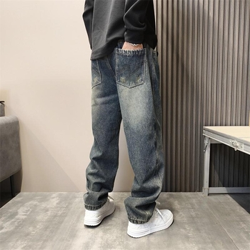 Meeste Ameerika stiilis teksad, fleece vooder, lõdva sirge lõige laiad jalad, keskmine talje, tõmblukk