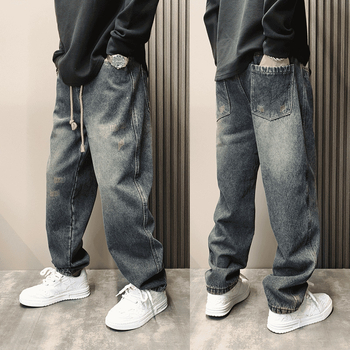 Meeste Ameerika stiilis teksad, fleece vooder, lõdva sirge lõige laiad jalad, keskmine talje, tõmblukk