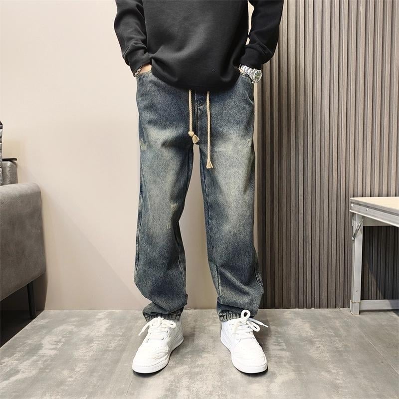 Vyriniai džinsai amerikietišku stiliumi, su fleece viduje, laisva tiesi silueto linija su plačiomis kojomis, vidutinio juosmens, užtrauktukas